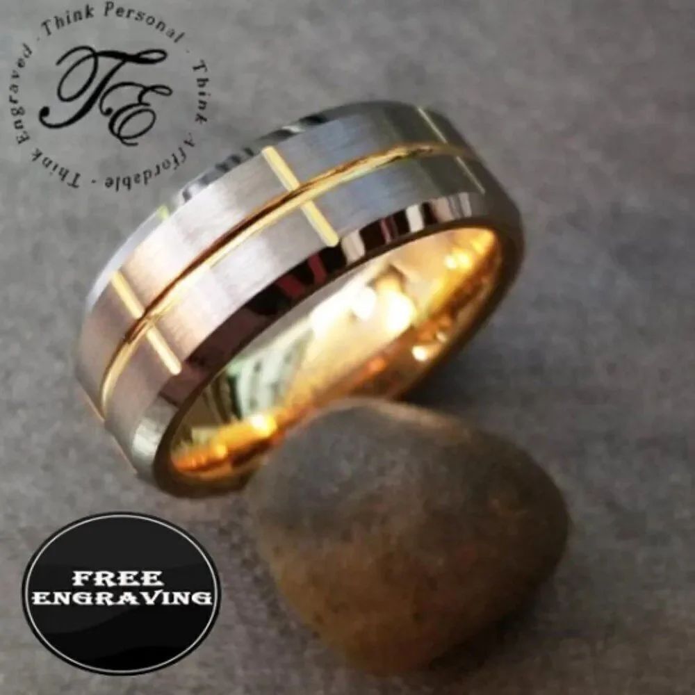 Personalized Mens Real Tungsten Promise Ring Brushed Steel 14k Gold Grooves